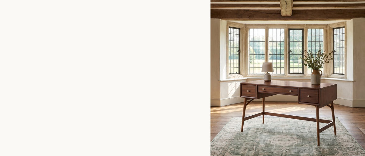 Two pedestals, three drawers, four legs. - Brancaleone 51.25-Inch 3-Drawer Walnut Veneer Mid-Century Writing Desk