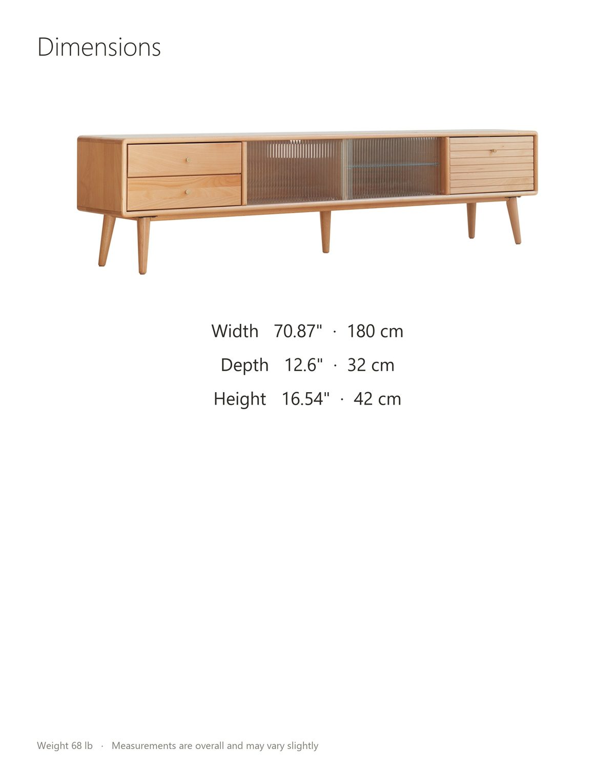 Bressanone Solid Beech Media Console dimensions: 70.87 in wide, 12.6 in deep, 16.54 in high