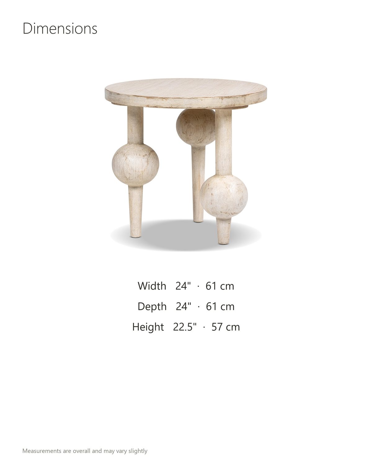 Brienza Reclaimed Pine Sphere-Leg Side Table dimensions: 24 in wide, 24 in deep, 22.5 in high