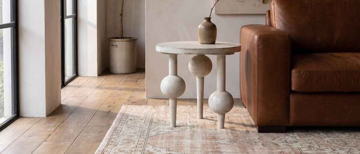 Brienza Reclaimed Pine Sphere-Leg Side Table in the room