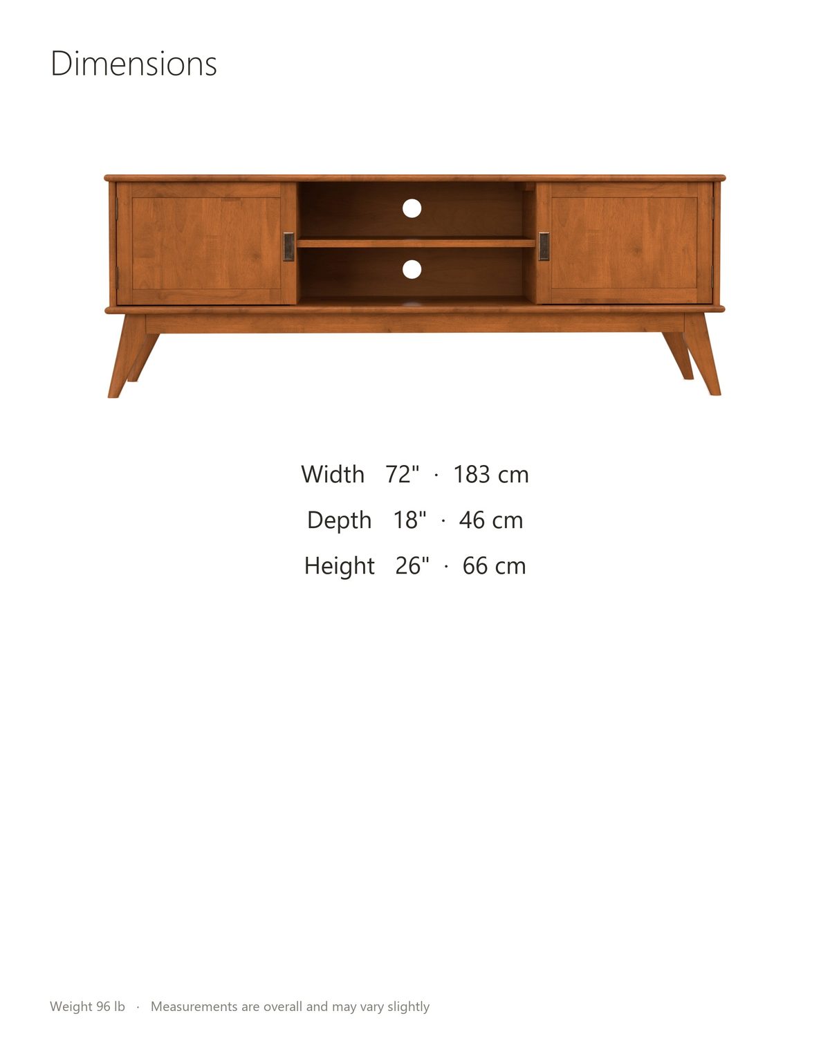 Brisighella Mid-Century Media Console dimensions: 72 in wide, 18 in deep, 26 in high
