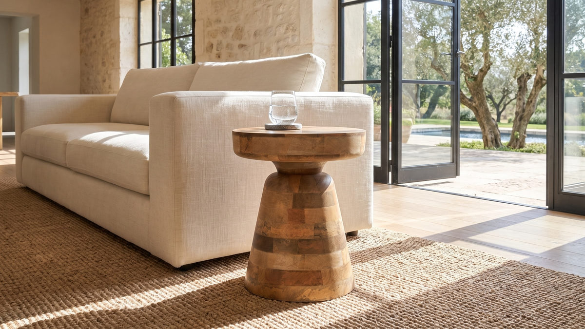 Warm wood, soft outline. - Bronte Solid Mango Pedestal Side Table