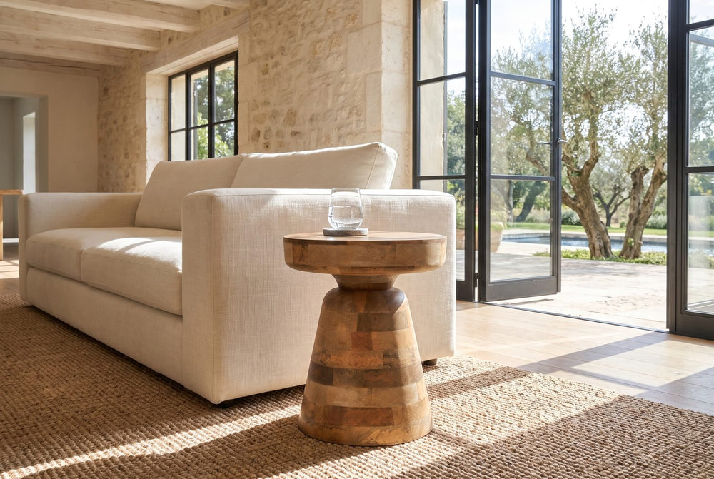 A turned shape beside the sofa