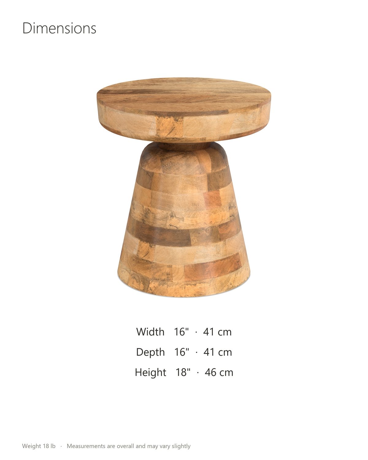 Bronte Solid Mango Pedestal Side Table dimensions: 16 in wide, 16 in deep, 18 in high