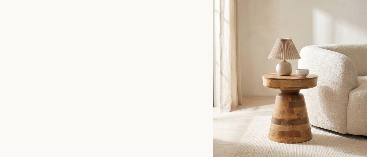 Mango blocks, stacked and turned. - Bronte Solid Mango Pedestal Side Table