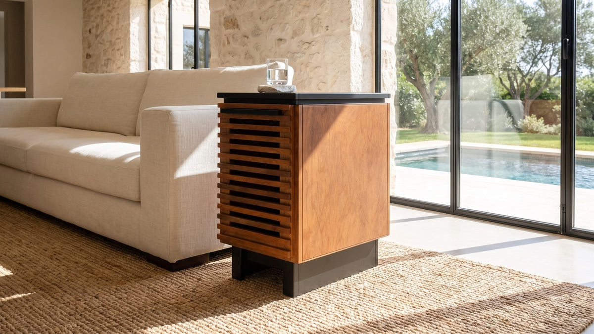 Warm wood, black lines. - Buonvicino Bourbon and Black Slatted Side Table