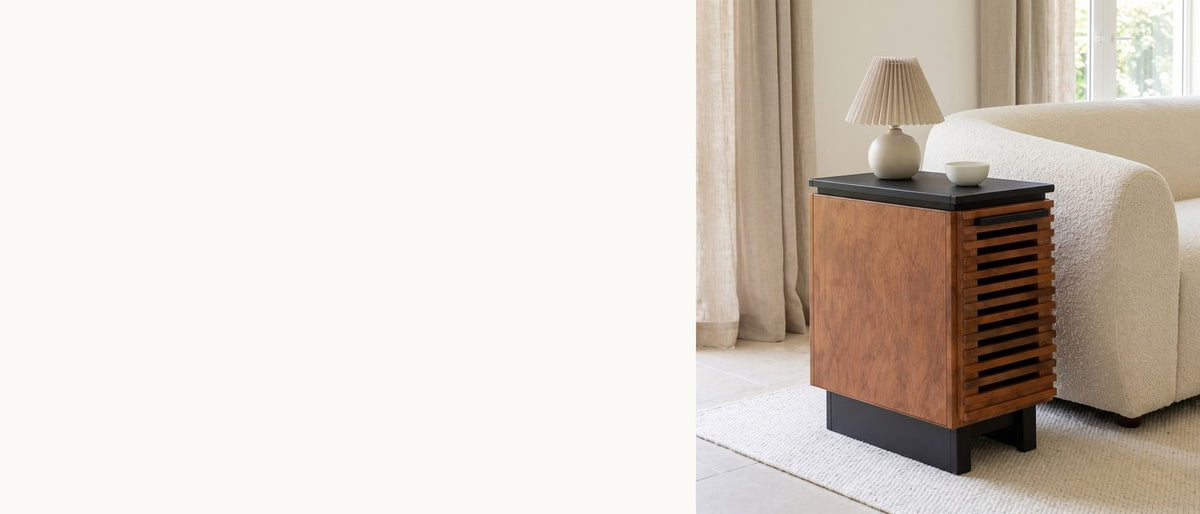 Fourteen slats, one black top. - Buonvicino Bourbon and Black Slatted Side Table
