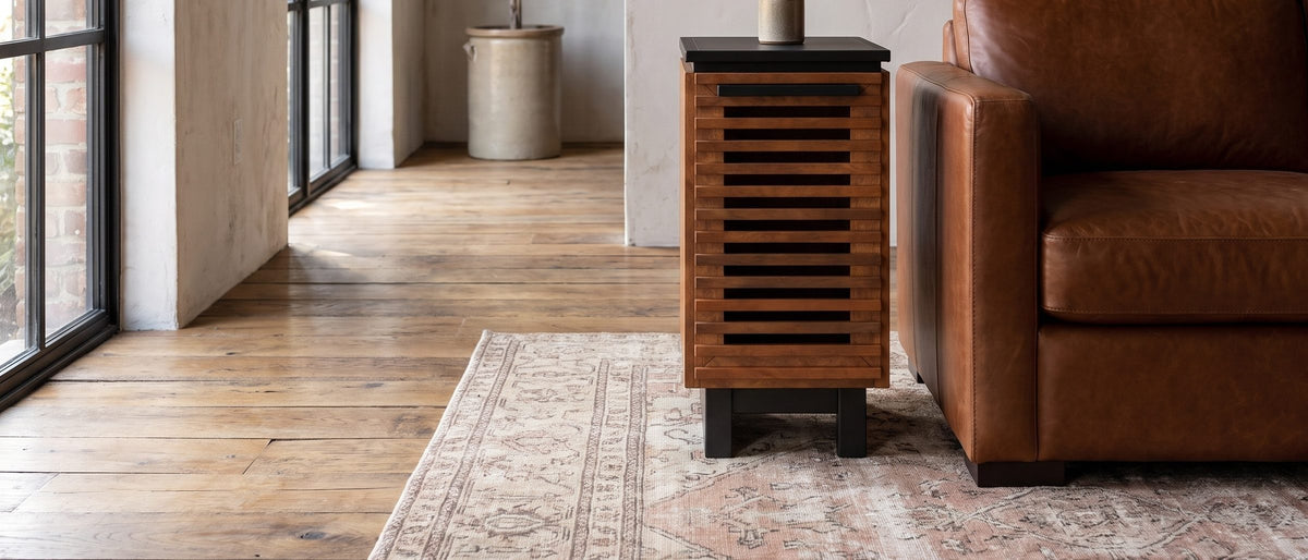 Buonvicino Bourbon and Black Slatted Side Table in the room