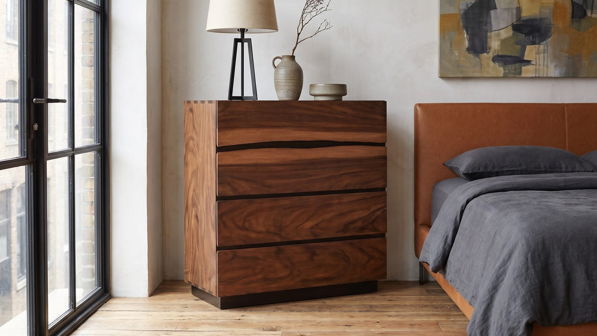 One grain, three pieces. - Burano 40-Inch Smokey Walnut 4-Drawer Chest