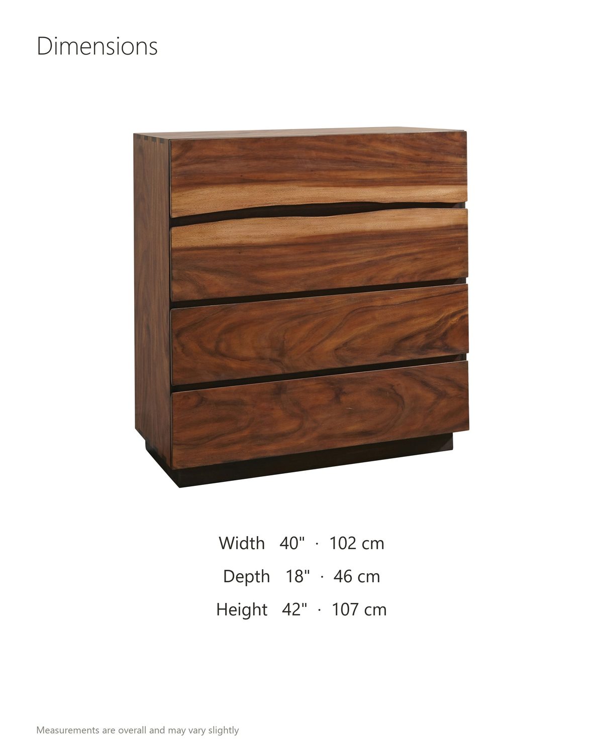 Burano 40-Inch Smokey Walnut 4-Drawer Chest dimensions: 40 in wide, 18 in deep, 42 in high