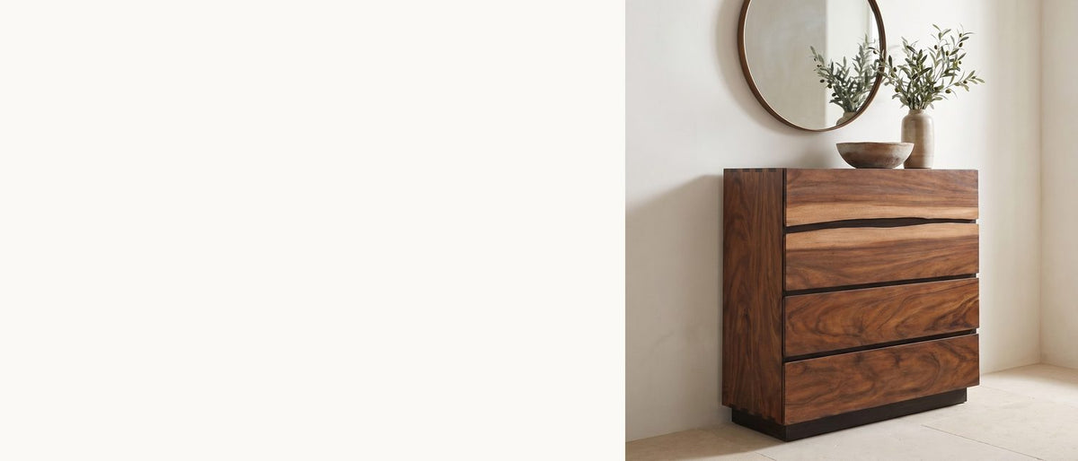 Swirling suar, one wavy line. - Burano 40-Inch Smokey Walnut 4-Drawer Chest
