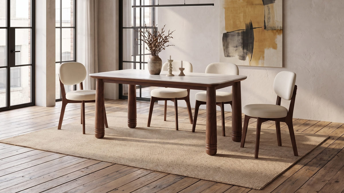 White stone, warm walnut. - Caccuri 63-Inch Sintered Stone Walnut-Finish Dining Set with 4 Chairs