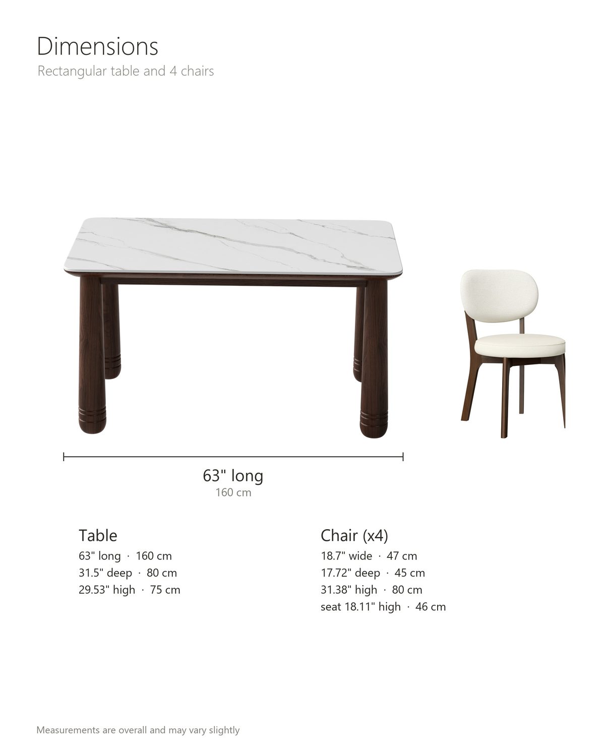 Caccuri 63-Inch Sintered Stone Walnut-Finish Dining Set with 4 Chairs dimensions: table 63 in long, 31.5 in deep and 29.5 in high; each chair 18.7 in wide and 31.4 in high, seat 18.1 in high