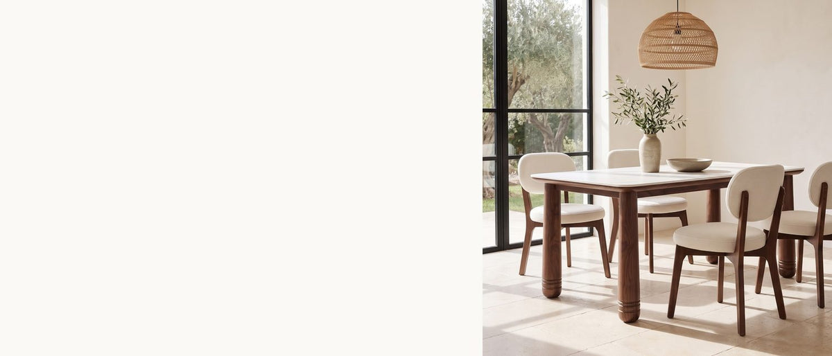 White stone, four rounded legs. - Caccuri 63-Inch Sintered Stone Walnut-Finish Dining Set with 4 Chairs