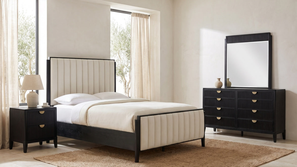 Soft panels, sharp edges. - Cagli Black Fluted and Ivory Upholstered Bedroom Set