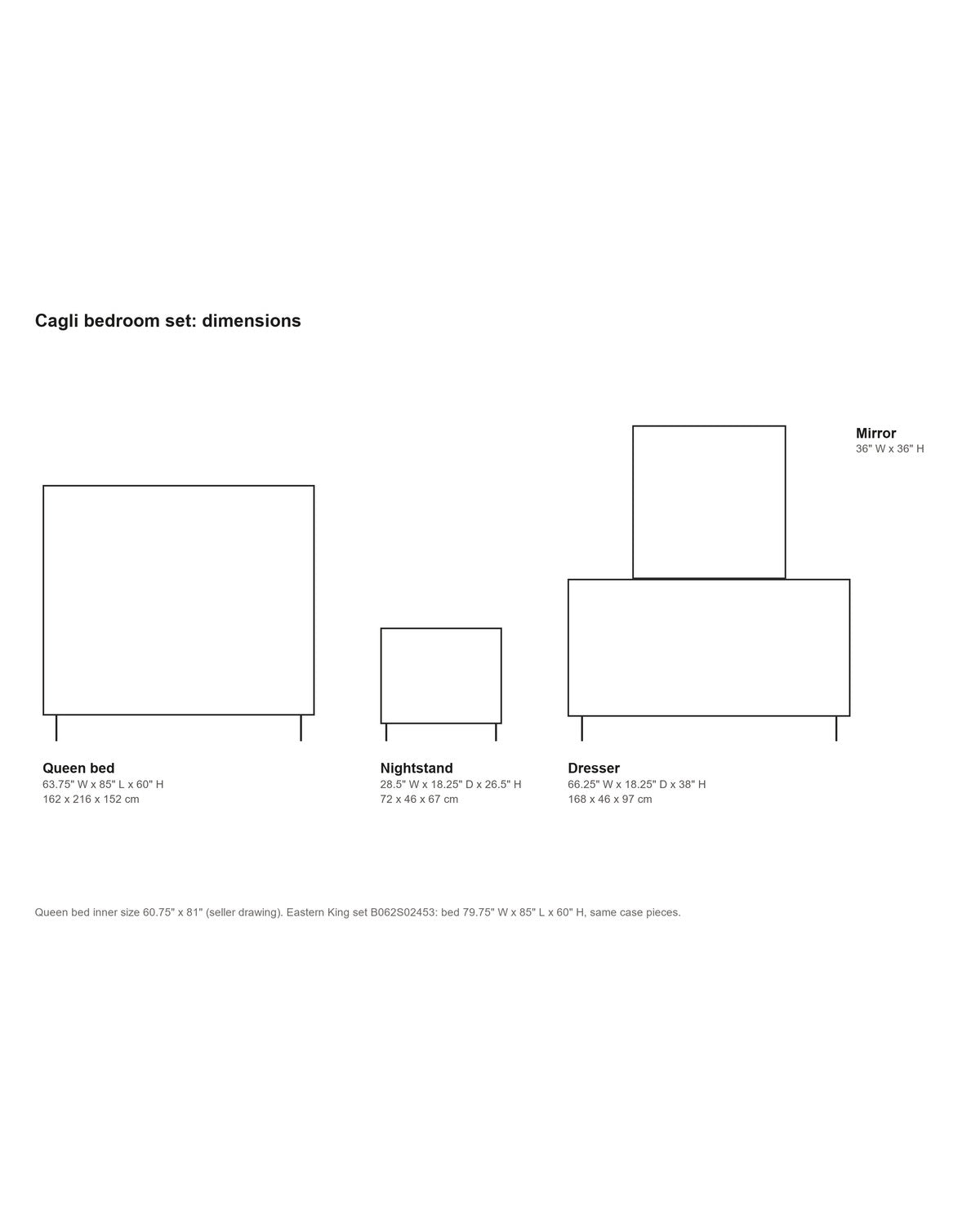 Cagli Black Fluted and Ivory Upholstered Bedroom Set dimensions