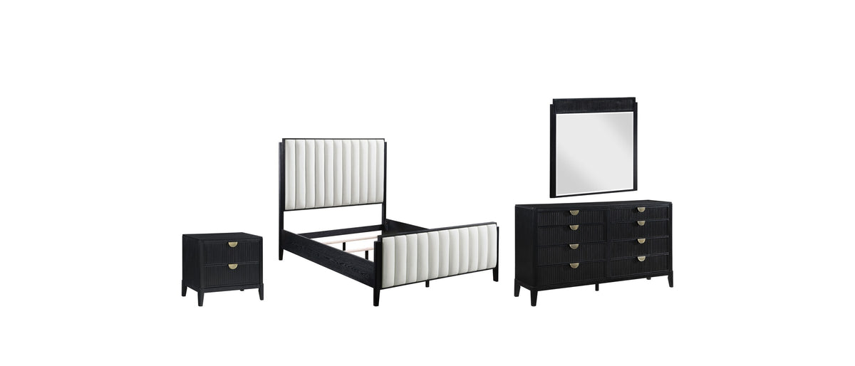 Cagli Black Fluted and Ivory Upholstered Bedroom Set: Four pieces, one finish.