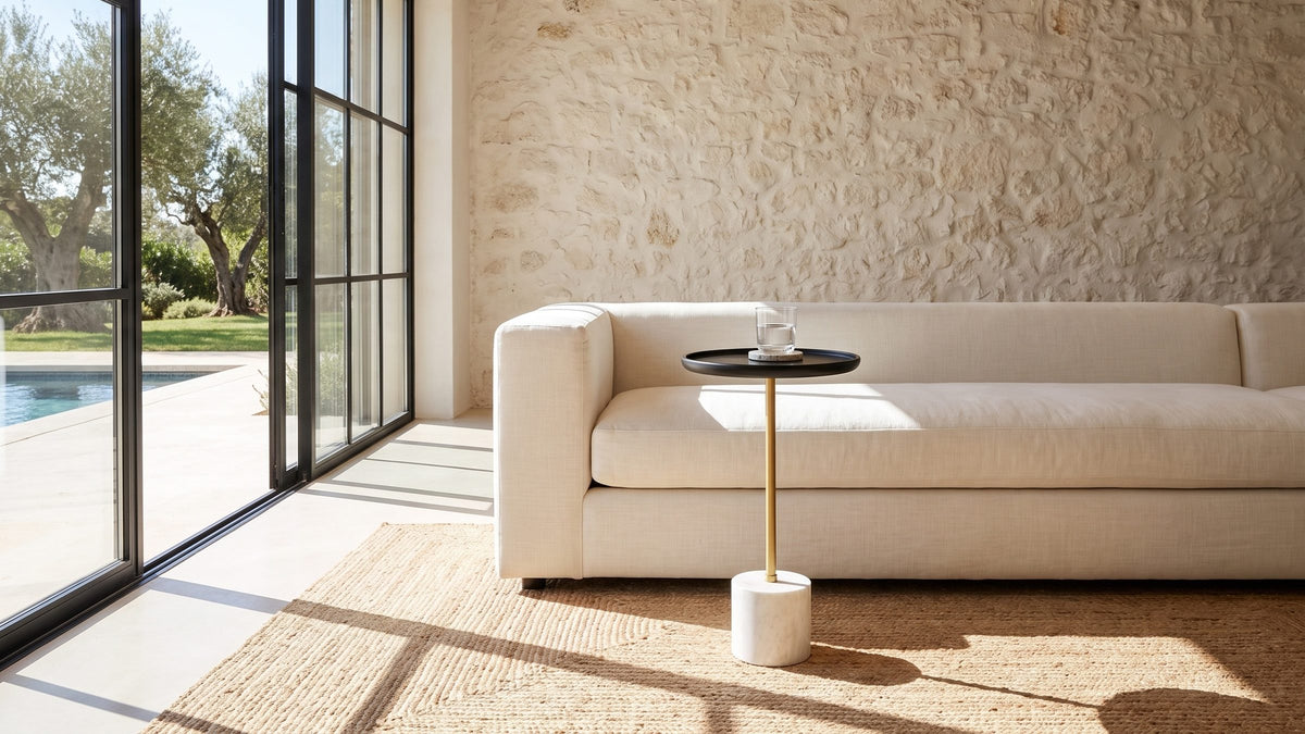 Black, brass and white stone. - Calimera Black Mango and Marble Pedestal Side Table