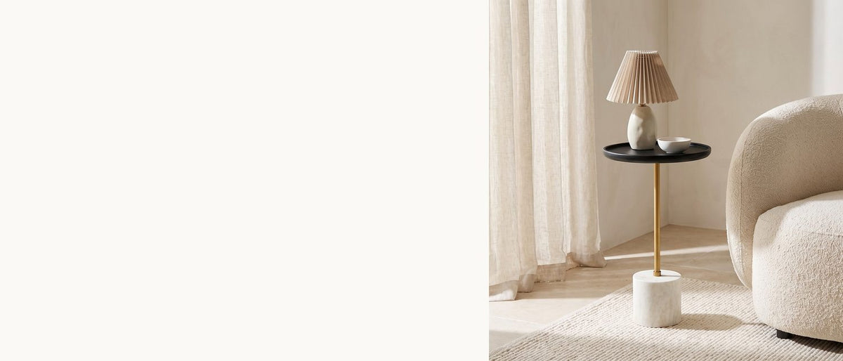 Black tray, brass line, white stone. - Calimera Black Mango and Marble Pedestal Side Table