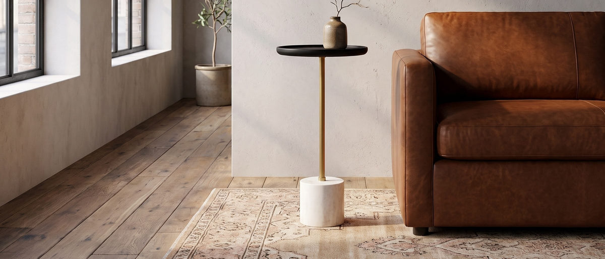 Calimera Black Mango and Marble Pedestal Side Table in the room