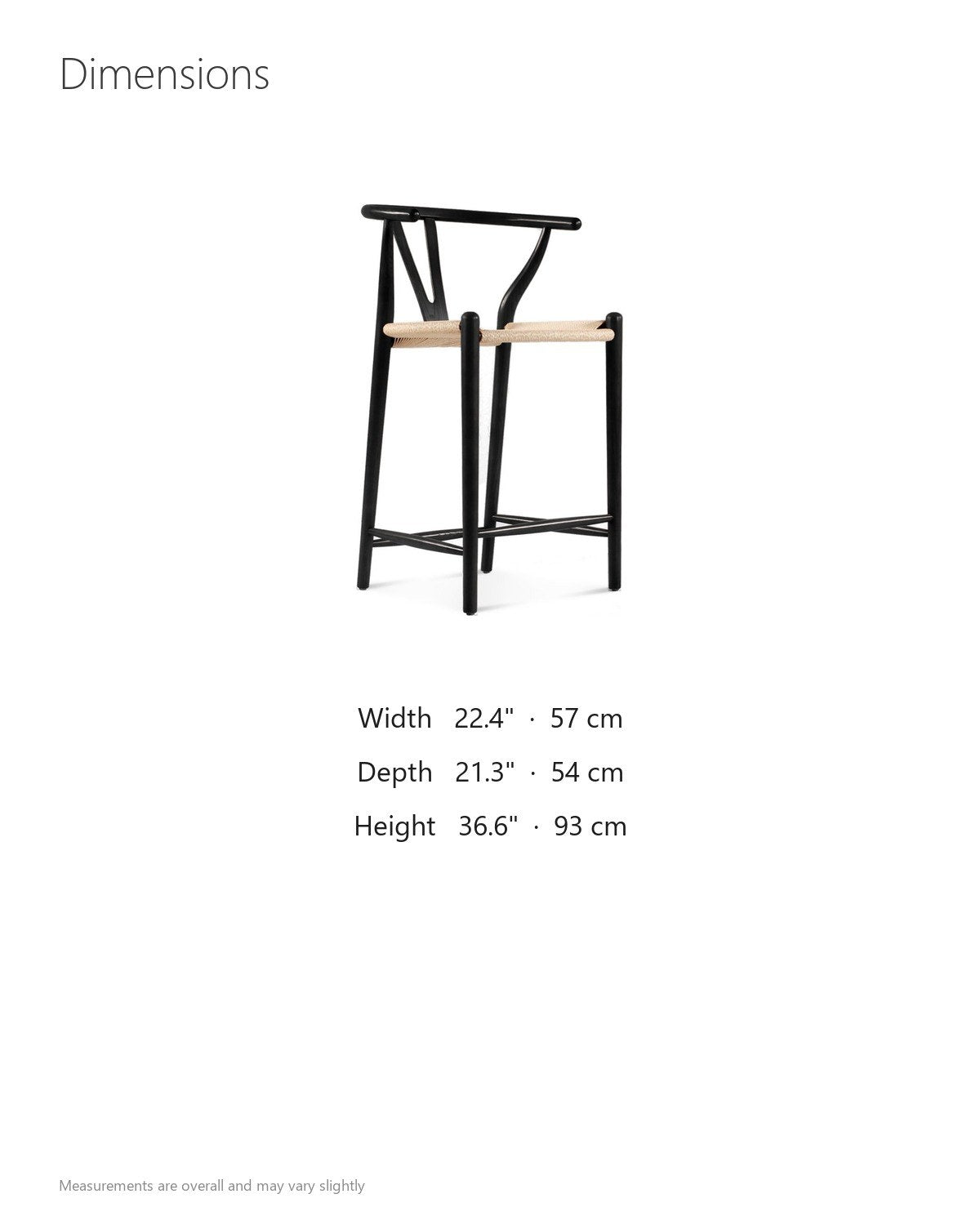 Calopezzati Y-Back Black Ash and Paper Cord Counter Stool, 24.6-Inch Seat dimensions