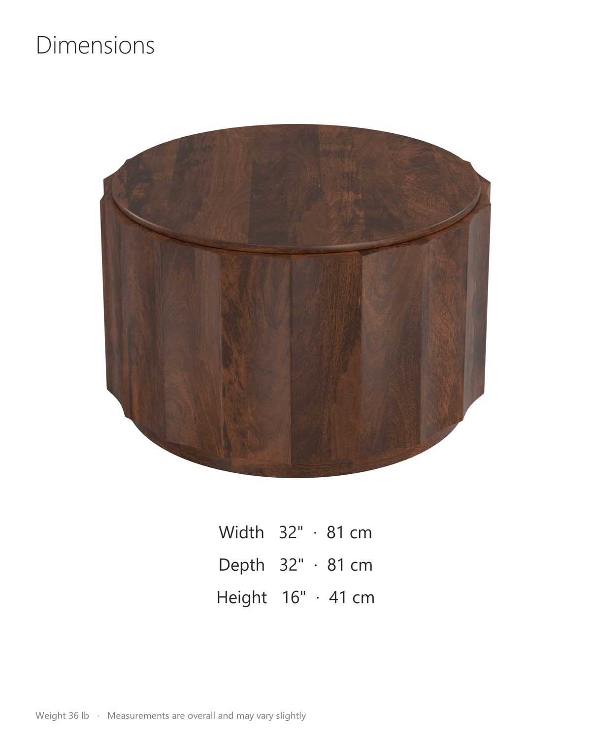 Camaiore Faceted Mango Drum Coffee Table dimensions: 32 in wide, 32 in deep, 16 in high