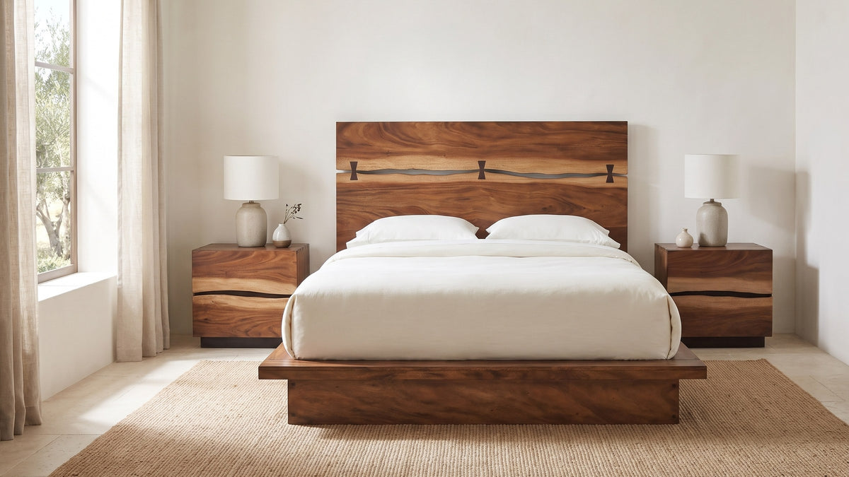 Warm wood, balanced room. - Camerino Smokey Walnut Bow-Tie Headboard Bedroom Set