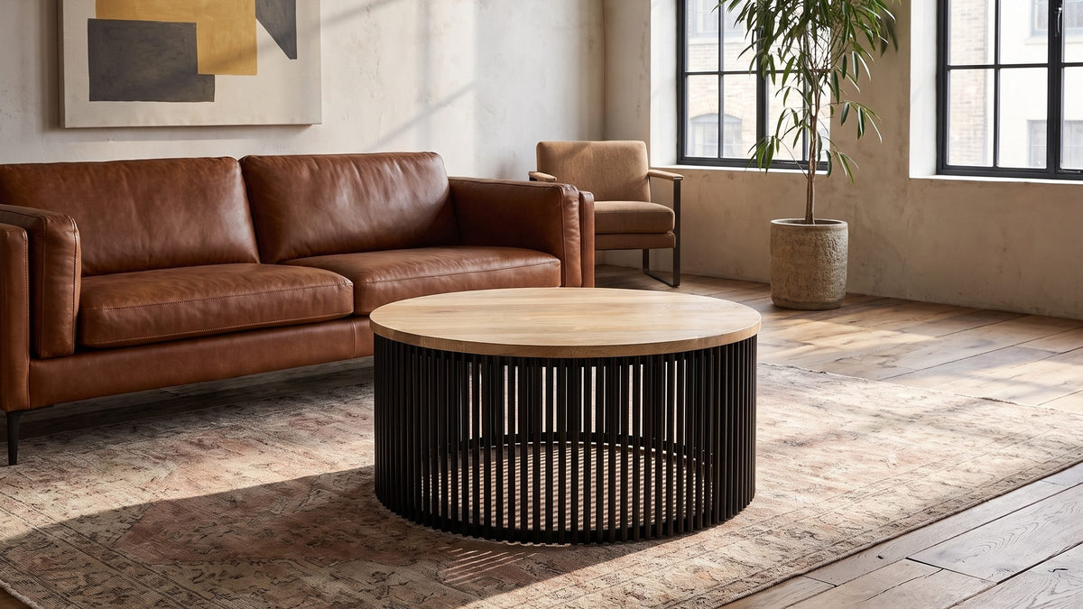 Wood, held up by air. - Camogli Mango and Black Metal Drum Coffee Table