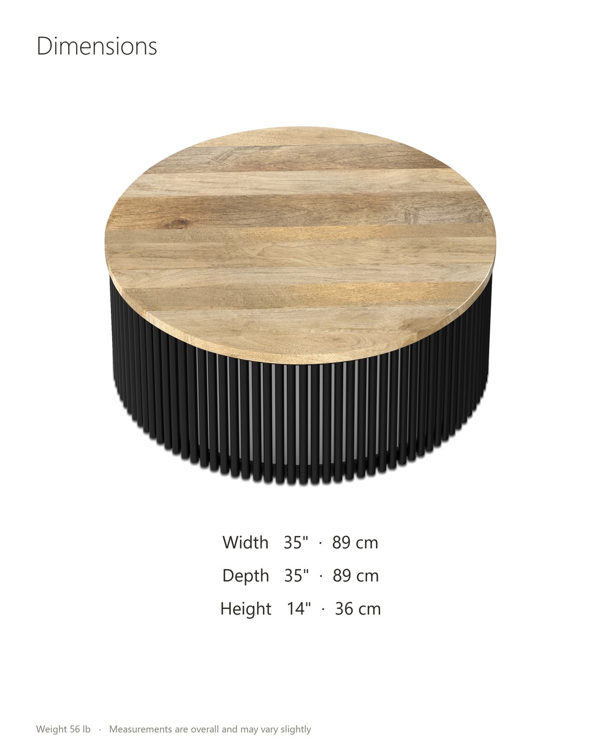 Camogli Mango and Black Metal Drum Coffee Table dimensions: 35 in wide, 35 in deep, 14 in high