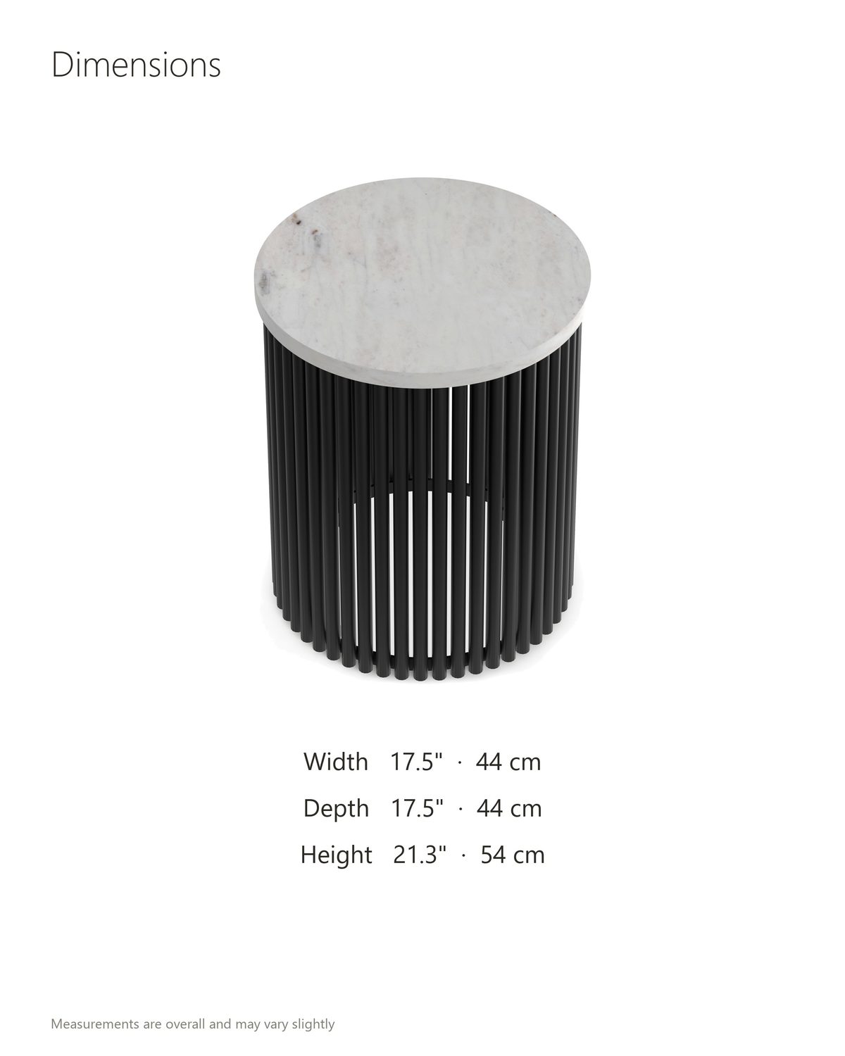Camogli Marble and Black Metal Drum Side Table dimensions: 17.5 in wide, 17.5 in deep, 21.3 in high