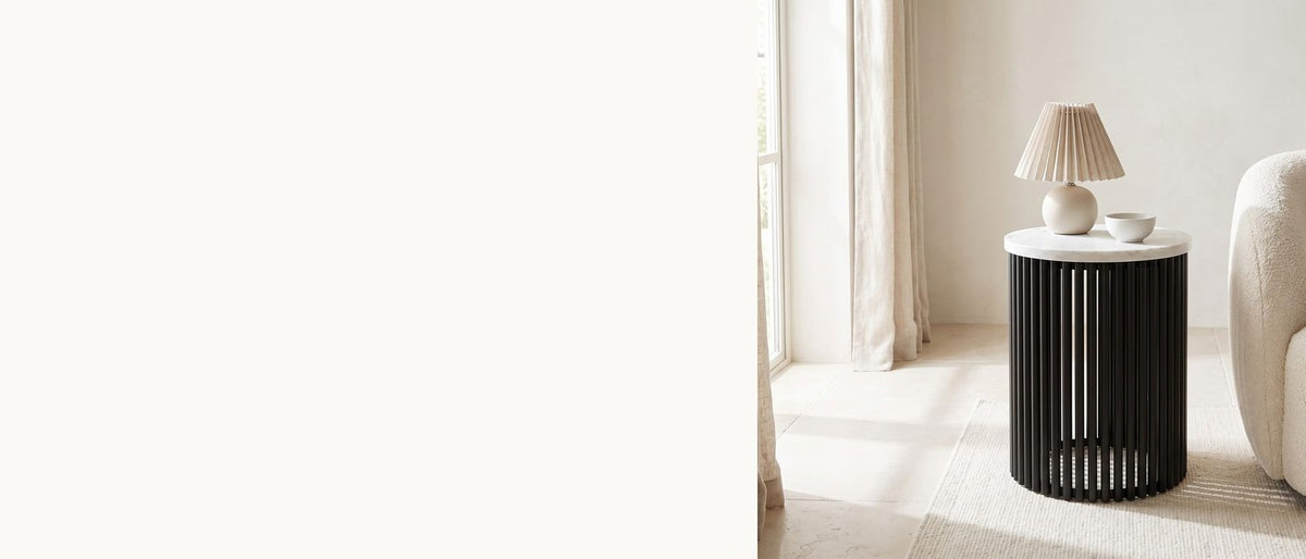 The Camogli drum, topped in marble. - Camogli Marble and Black Metal Drum Side Table