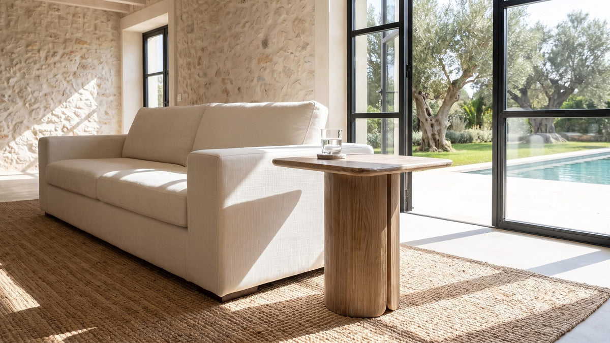 Soft corners, strong lines. - Campli Reclaimed Pine Split Pedestal Side Table