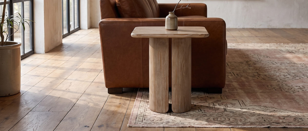 Campli Reclaimed Pine Split Pedestal Side Table in the room
