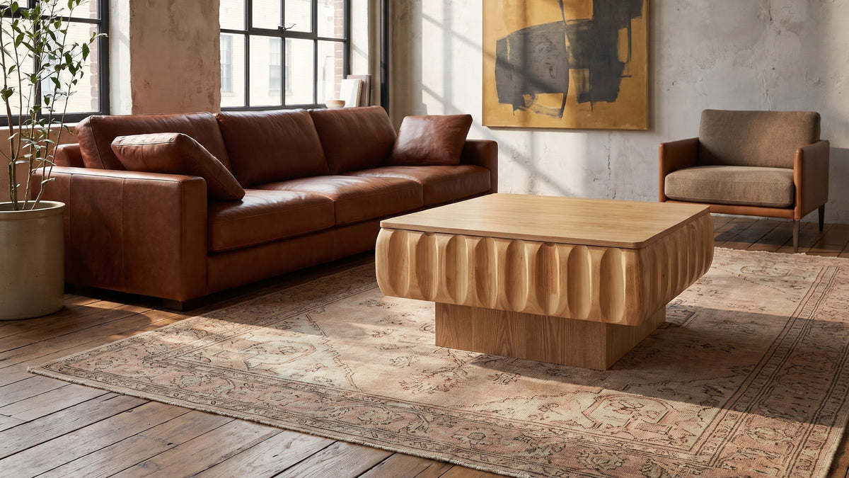 Soft lobes, old floorboards. - Canelli 31-Inch Square Scalloped Ash Veneer Lift-Top Coffee Table
