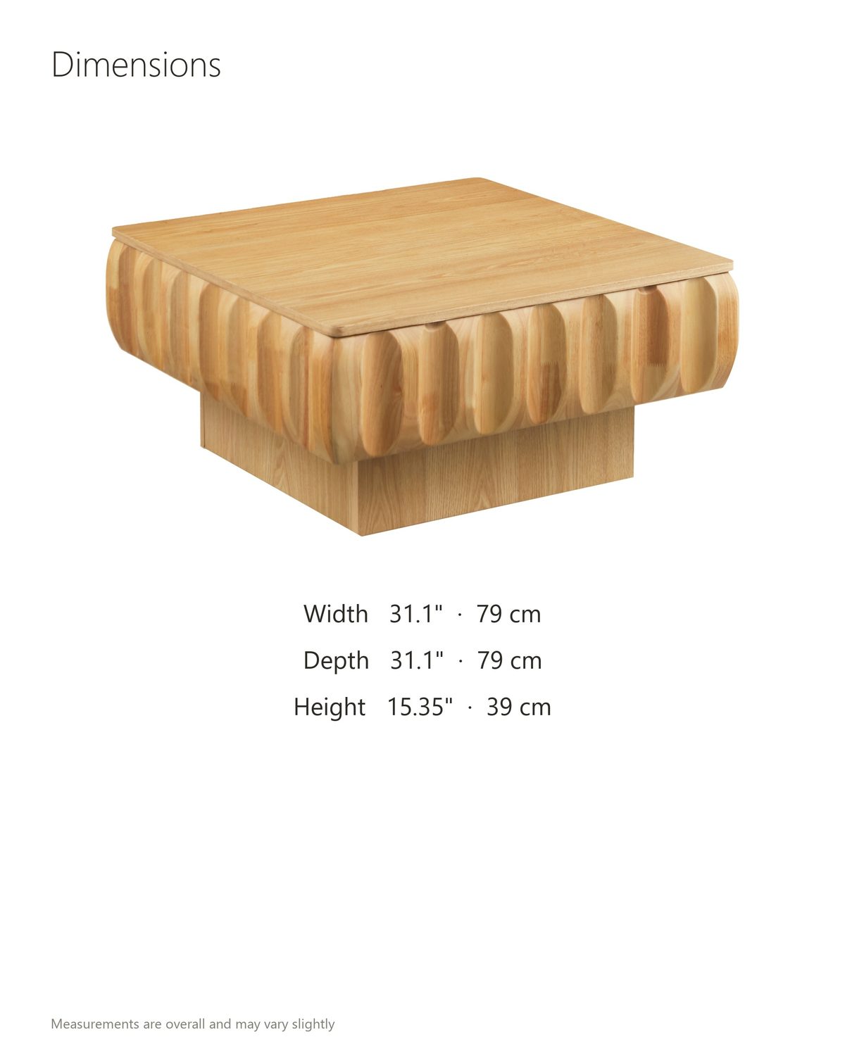 Canelli 31-Inch Square Scalloped Ash Veneer Lift-Top Coffee Table dimensions: 31.1 in wide, 31.1 in deep, 15.35 in high