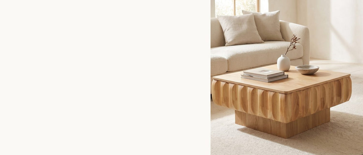 Carved poplar, pale ash lid. - Canelli 31-Inch Square Scalloped Ash Veneer Lift-Top Coffee Table