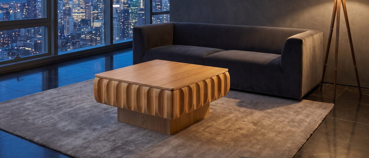 Canelli 31-Inch Square Scalloped Ash Veneer Lift-Top Coffee Table in the room