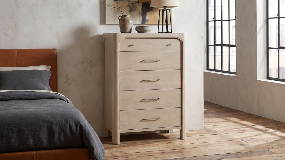 Weathered mango, quiet curves. - Caorle 38-Inch Weathered Mango 5-Drawer Chest