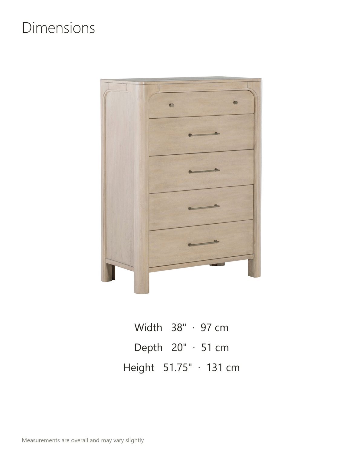 Caorle 38-Inch Weathered Mango 5-Drawer Chest dimensions: 38 in wide, 20 in deep, 51.75 in high