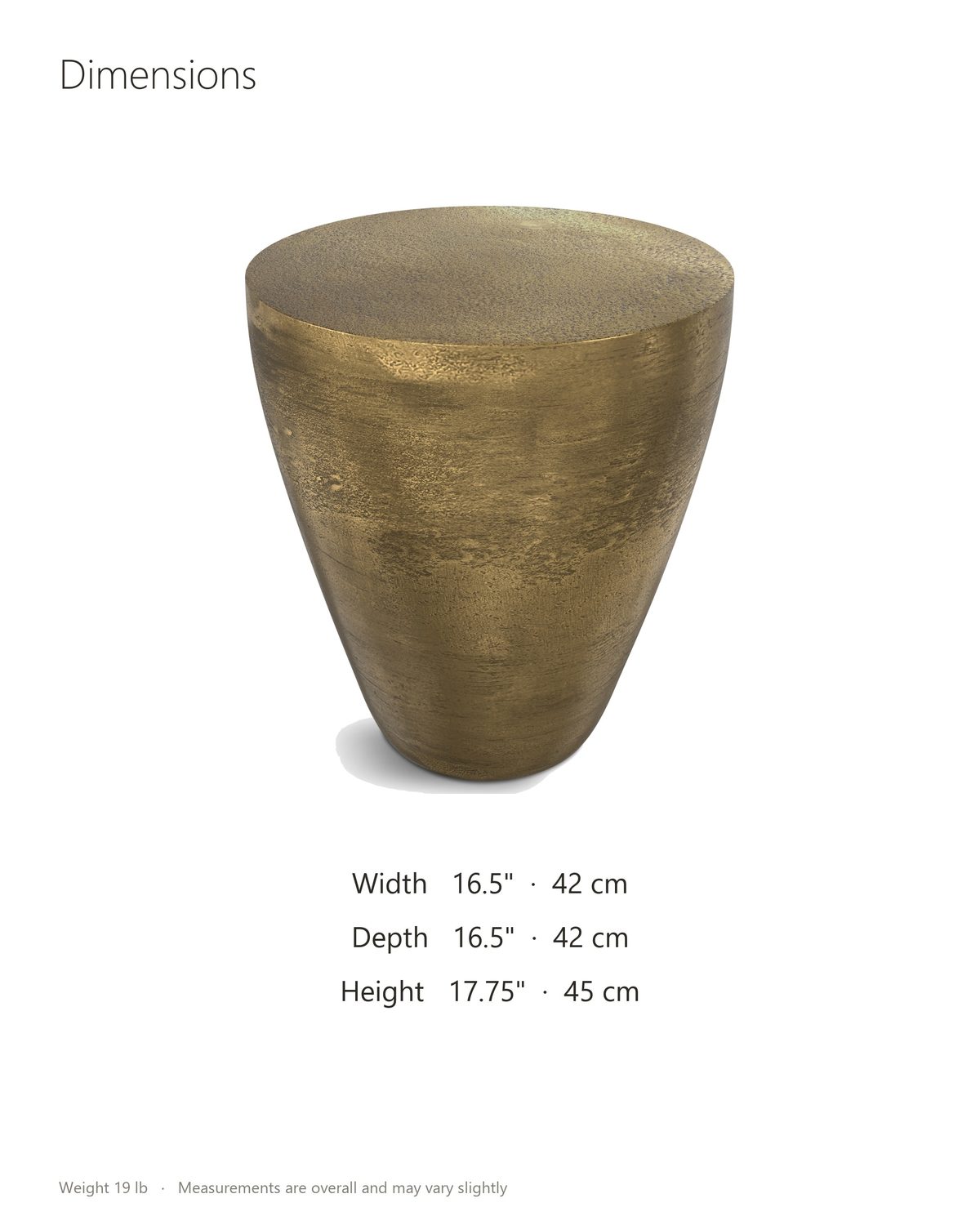 Capestrano Antique Brass Cast Aluminum Drum Side Table dimensions: 16.5 in wide, 16.5 in deep, 17.75 in high