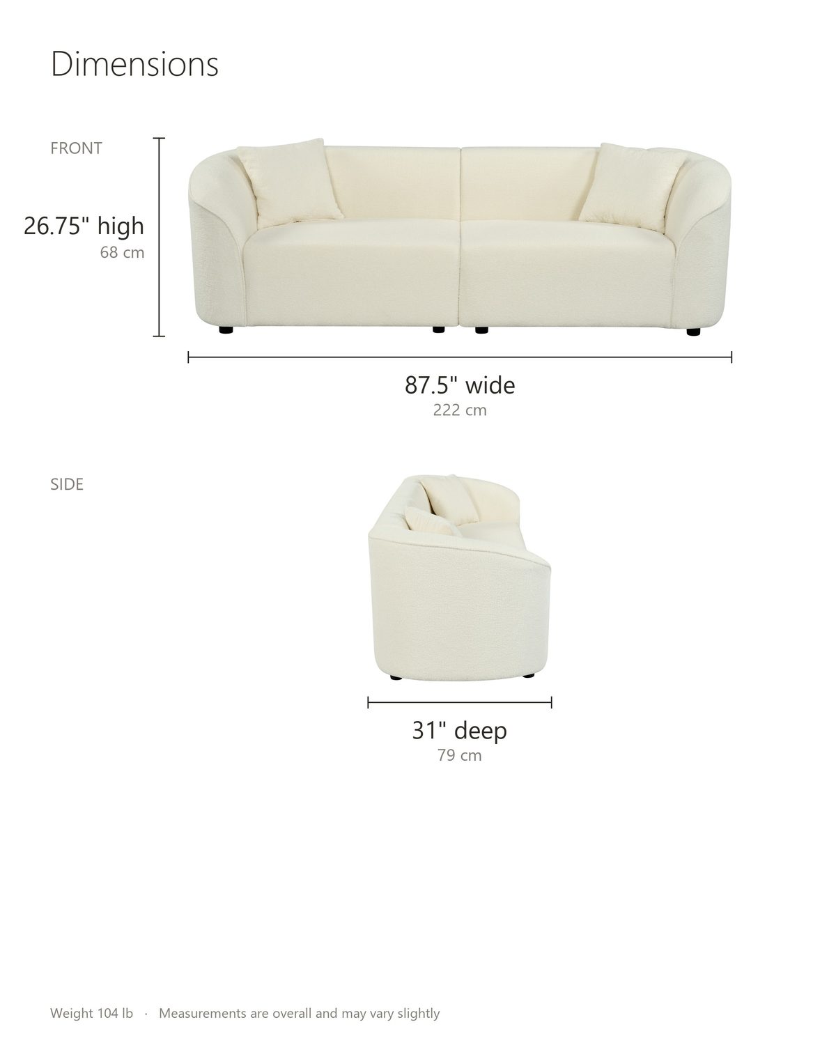 Capri Curved Boucle Sofa dimensions: 87.5 in wide, 31 in deep, 26.75 in high