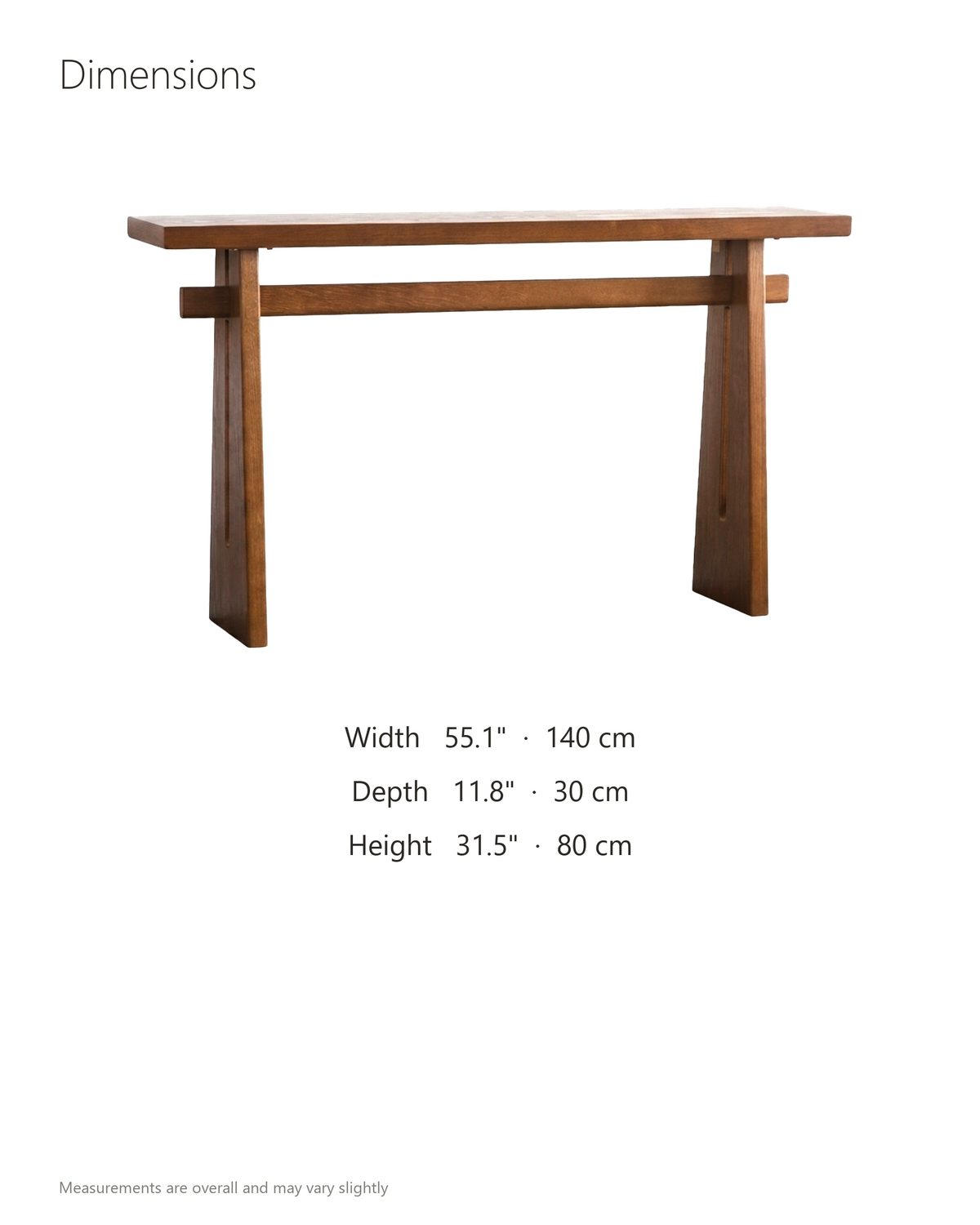 Capurso Wood Veneer Trestle Console Table dimensions: 55.1 in wide, 11.8 in deep, 31.5 in high
