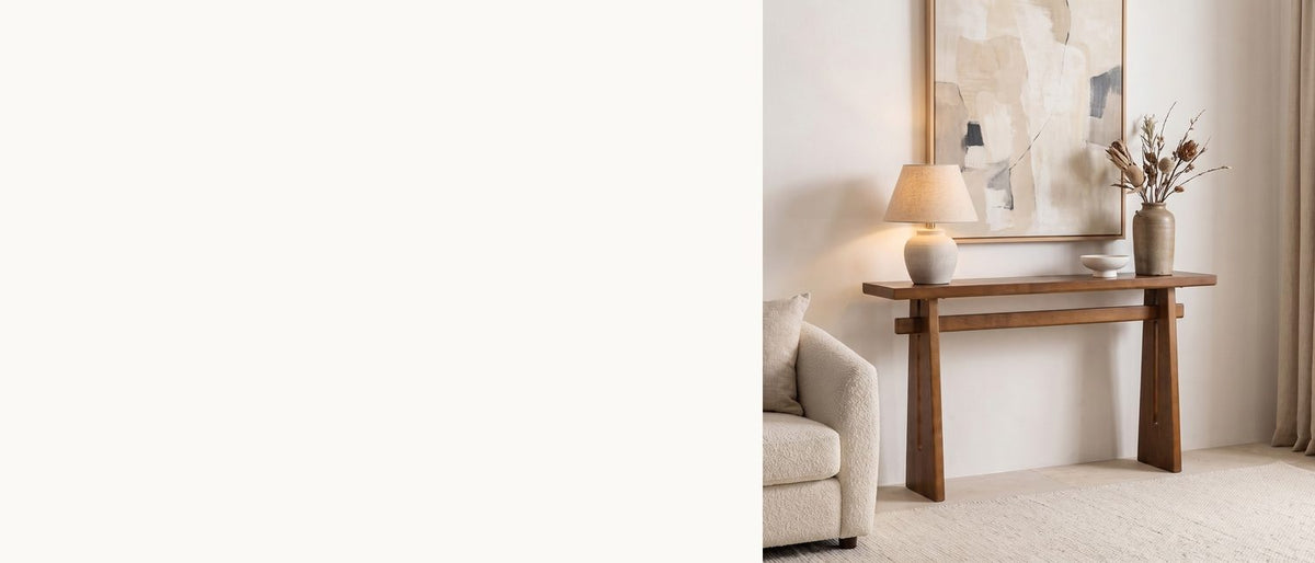 One beam through two slab legs. - Capurso Wood Veneer Trestle Console Table