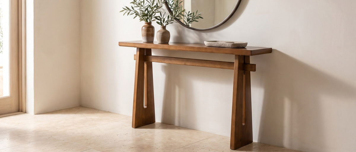 Capurso Wood Veneer Trestle Console Table in the room
