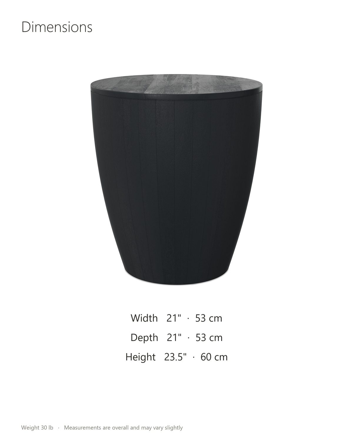 Caramanico Black Mango Tapered Drum Side Table dimensions: 21 in wide, 21 in deep, 23.5 in high