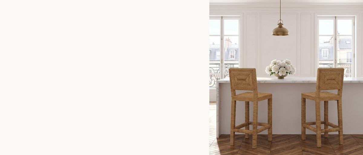 A Parsons chair, raised up. - Cardeto Parsons Seagrass-Wrapped Counter Stool