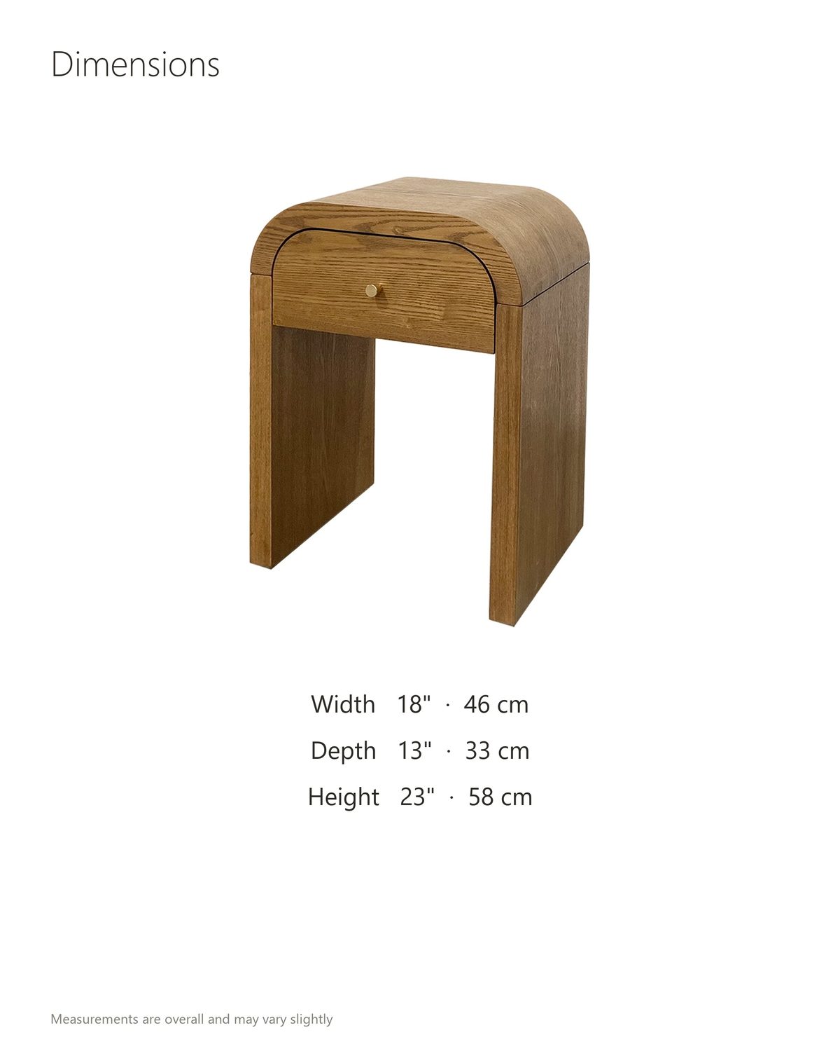 Cariati Ash Veneer Curved-Top Side Table dimensions: 18 in wide, 13 in deep, 23 in high