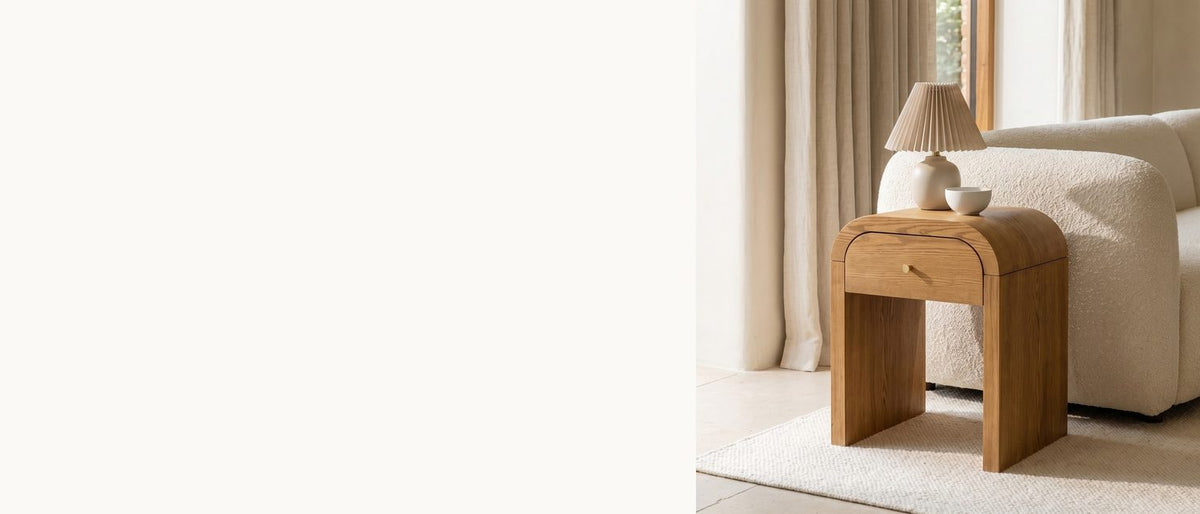 Rounded shoulders, one drawer. - Cariati Ash Veneer Curved-Top Side Table