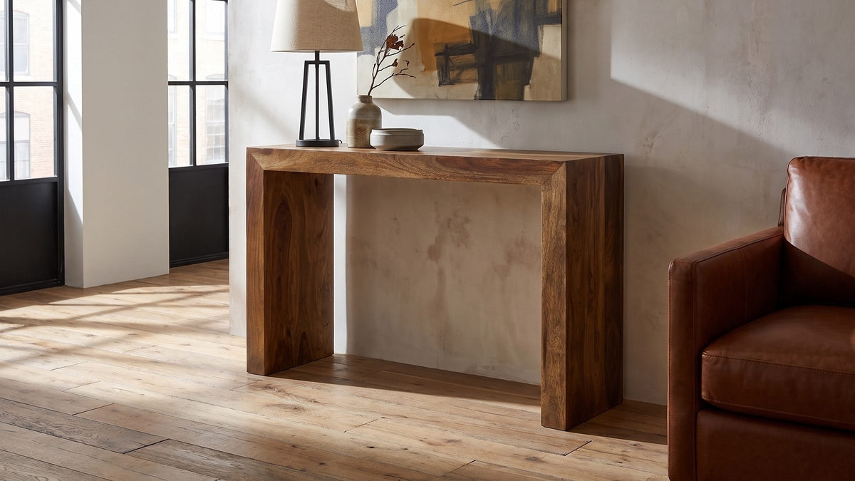 One line of solid wood. - Carosino Solid Sheesham Waterfall Console Table