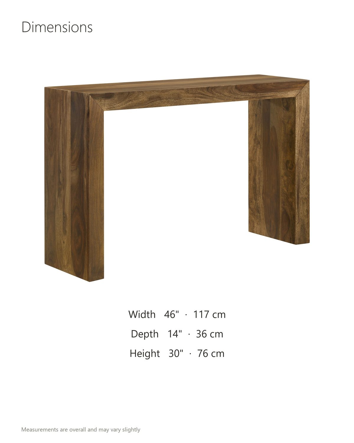 Carosino Solid Sheesham Waterfall Console Table dimensions: 46 in wide, 14 in deep, 30 in high